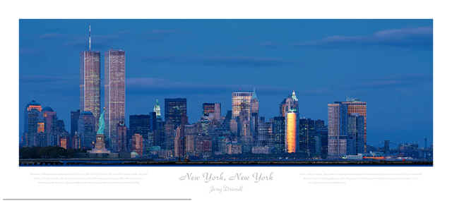 new york skyline at night twin towers. New York Lithographic Poster